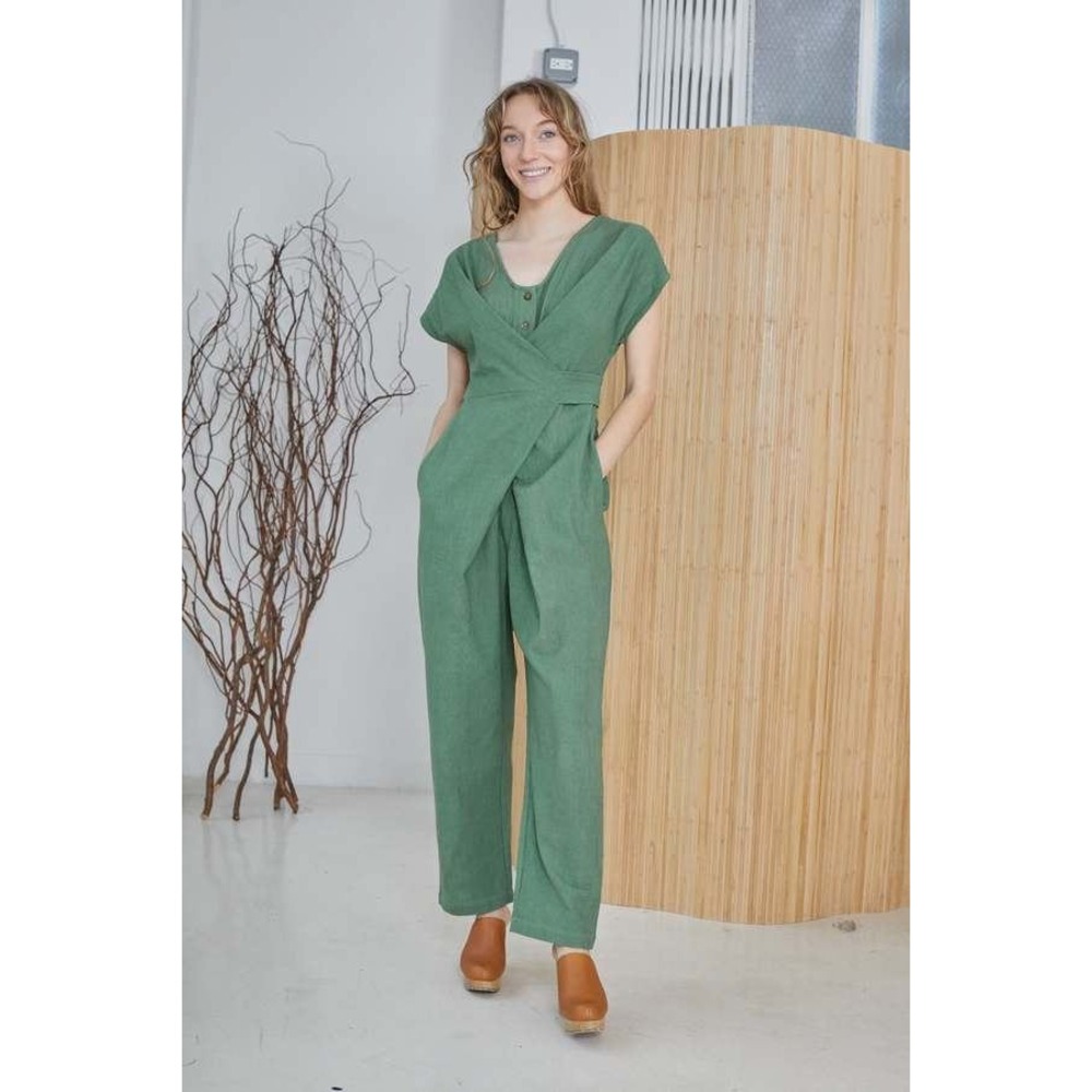 NEW Rujuta Sheth Venus Wrap Jumper Size S Green Relaxed Cotton Linen Pockets